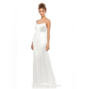 Mac Duggal 12428 CHARMEUSE RHINESTONE STRAP TRUMPET GOWN  White Bridal sz 4